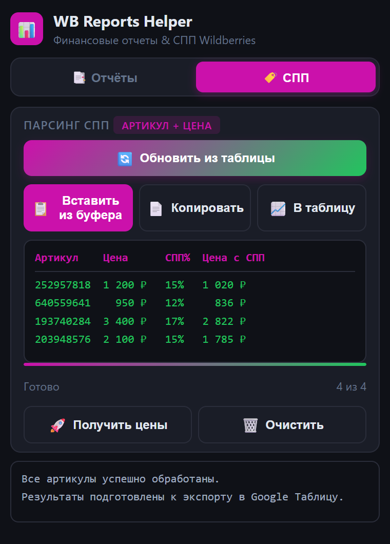 Вкладка СПП расширения с рассчитанными ценами и списком артикулов